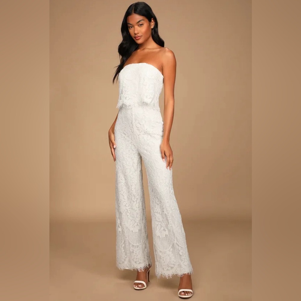 Lulus Pledge My Love White Lace Strapless
Straight Leg Jumpsuit